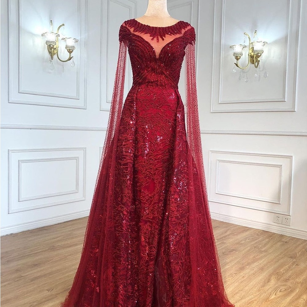 Burgundy beaded prom evening gown with skirt